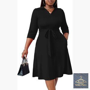 Plus Size Midi Dress with 3/4 Sleeves, V-Neck, Pockets, Belt